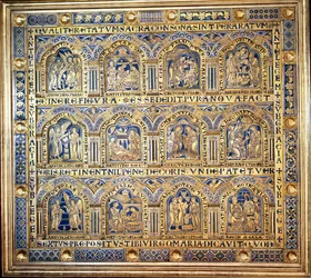 Der Verdun-Altar, biblische Szenen darstellend, 1181 (champlevé Emailarbeit) (linkes Panel)